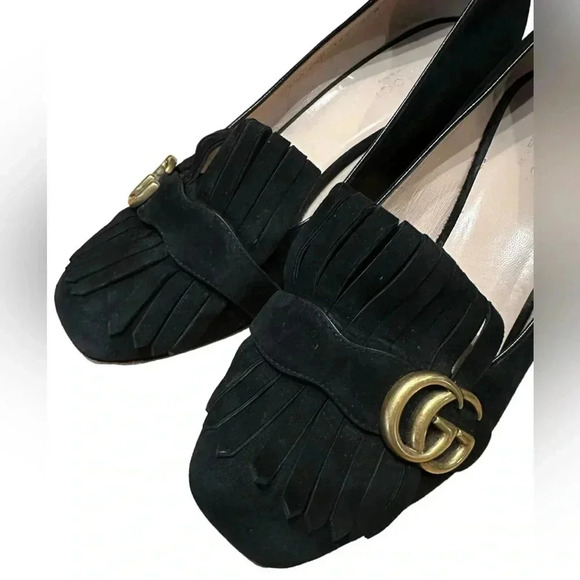 Gucci marmont fringe AUTHENTIC Black Suede Mule Heel Shoes Size 39 1/2 - Picture 7 of 12